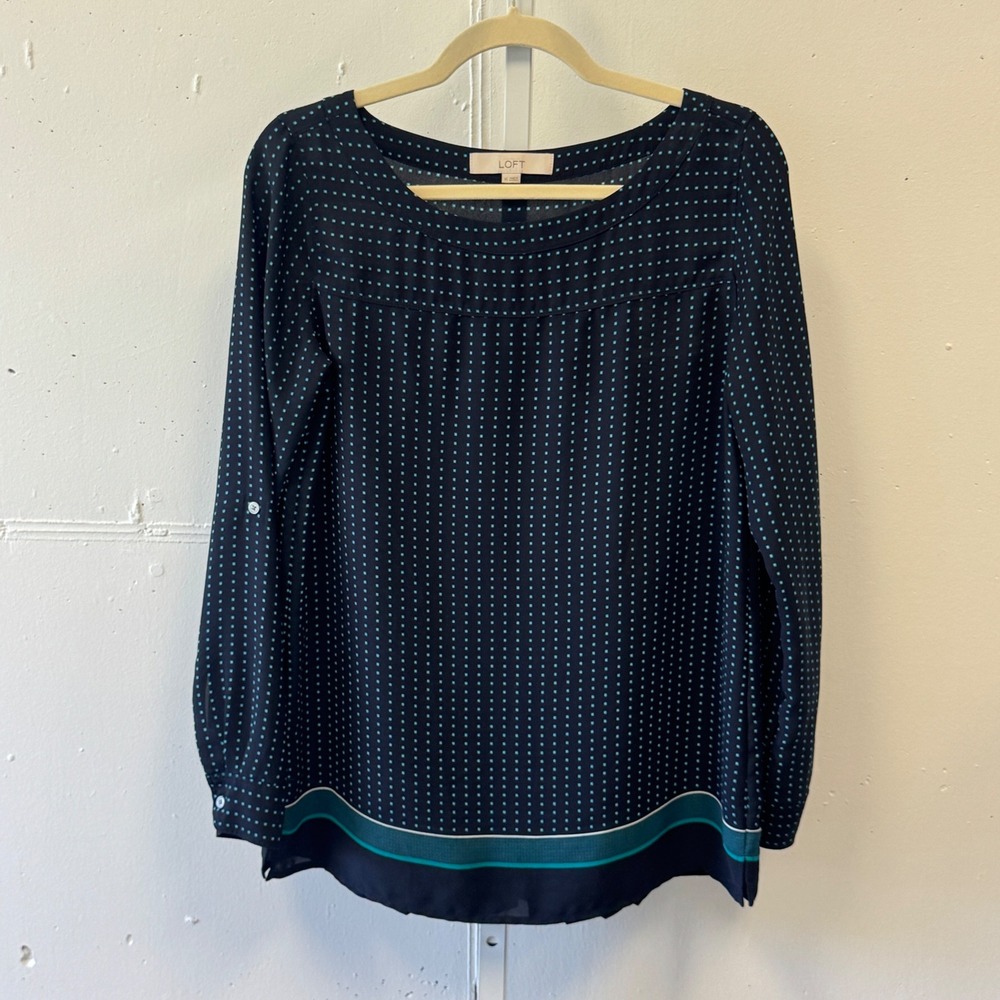 Ann Taylor LOFT Navy Blue Teal Square Dot Pleated Back Blouse XS Long Sleeve